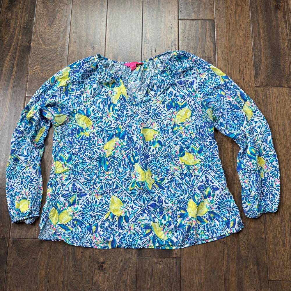 Lilly Pulitzer Blouse Womens L Blue Yellow Lemon Print EUC Long Sleeve Coastal - Picture 2 of 7